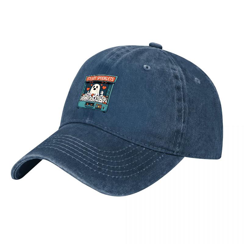 Cotton Canvas Washed Baseball Cap with Ghost Design Patch Retro Unisex Adjustable Hat for Daily Wear Casual Outfits