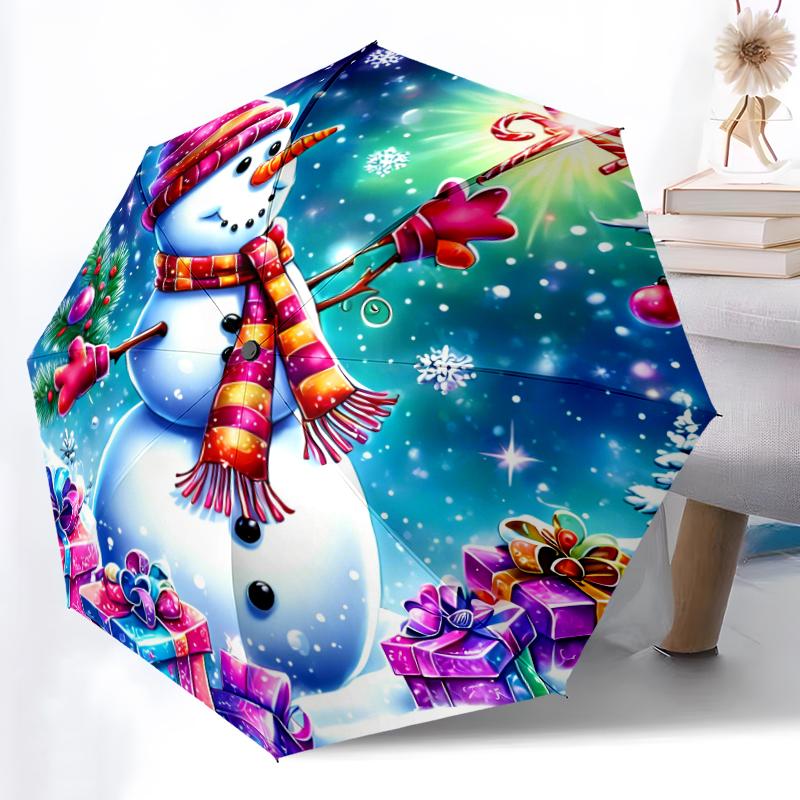 1pc Sturdy 8-Bone Auto Umbrella, Lovely Christmas Snowman Umbrella, Digital Printed, Foldable Umbrella for On-the-Go Outdoor Use