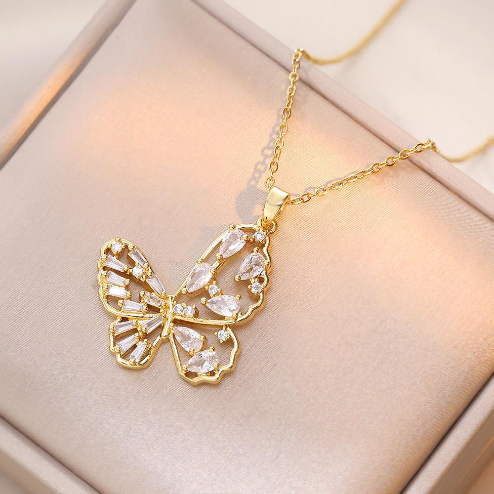 Butterfly Necklace with Color-Retaining Zircon - Fashionable, Versatile Women's Jewelry Accessory.