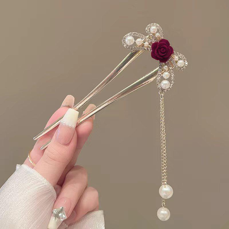 Elegant Red Rose Tassel Hairpin - U-shaped Hair Accessory for Women, Perfect for Updos and Traditional Attire.