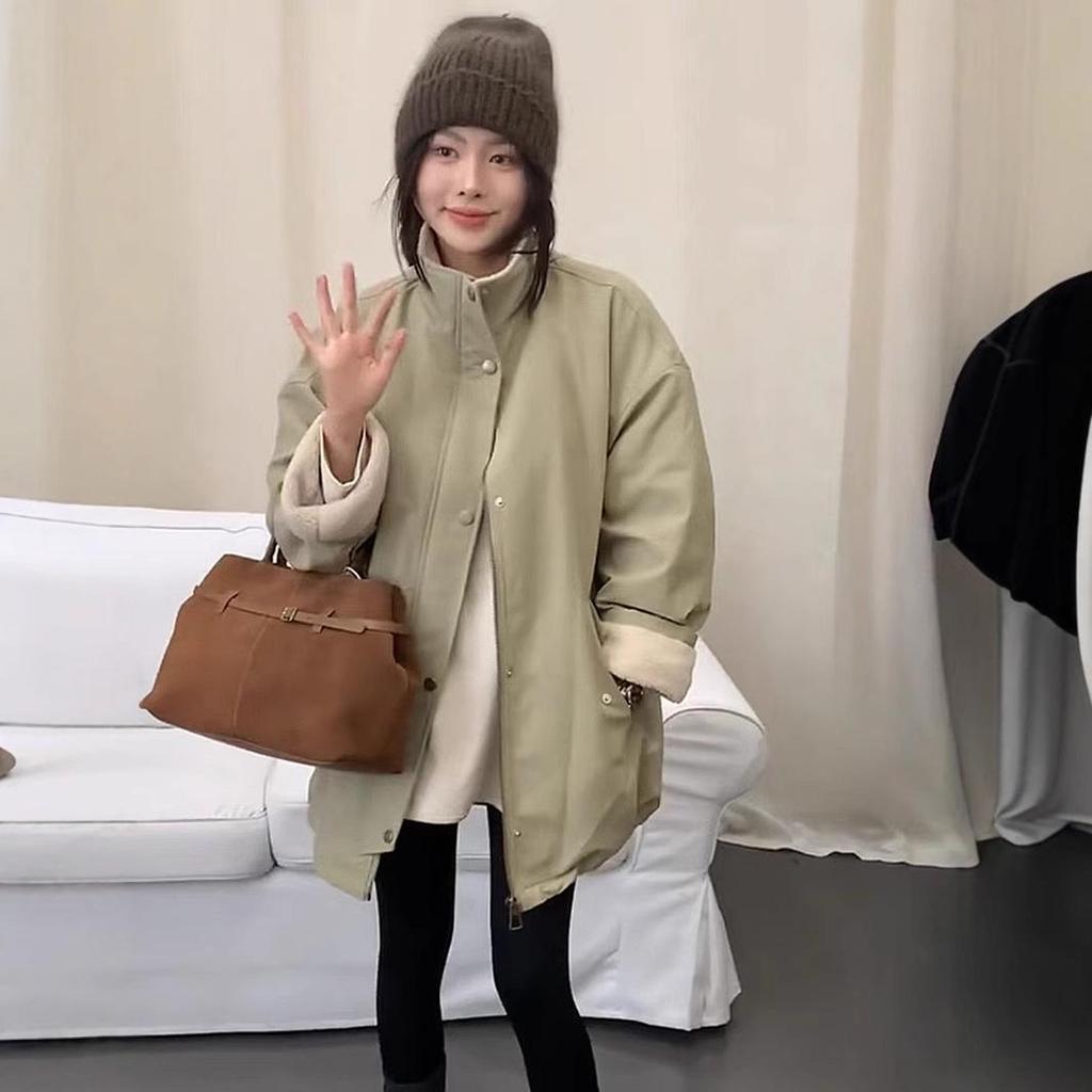 Women's 2024 Winter Stand Collar Lambswool Patchwork Coat - Loose, Versatile, and Warm Mid-Length Quilted Cotton Jacket