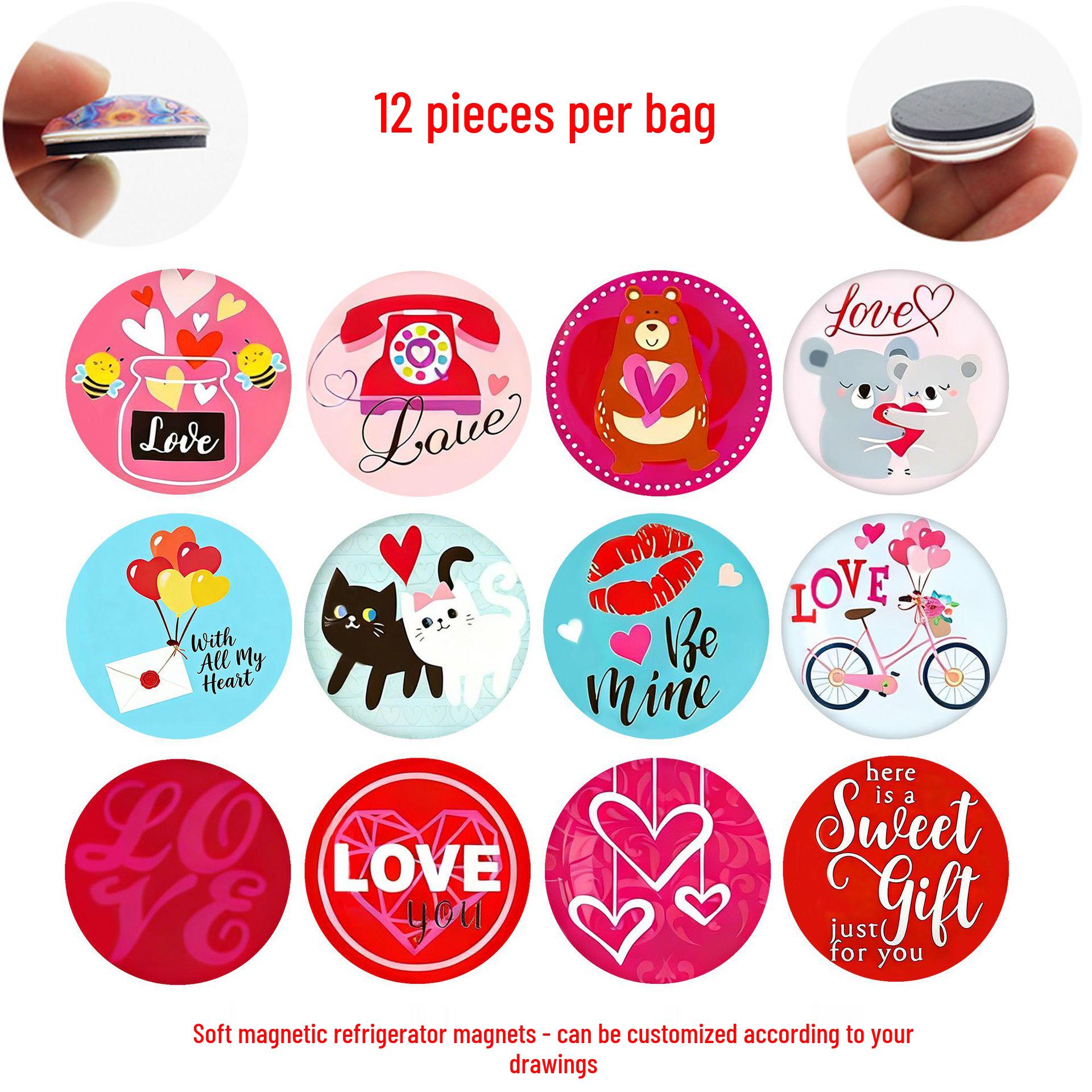 

Cartoon Valentine s Day Glass Sticker & Love Quotes Soft Magnetic Fridge Magnet 25 mm refrigerator magnets set of 12