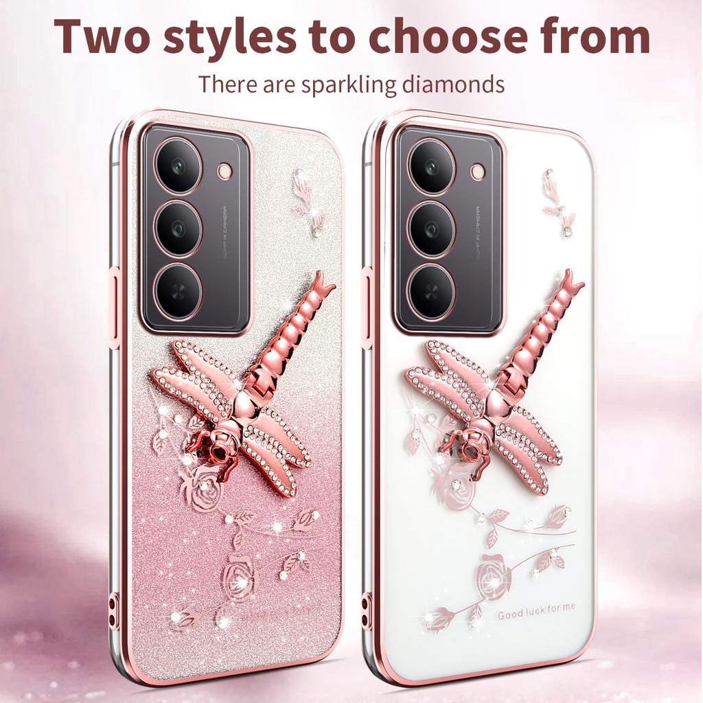 KADEM Pouzdro pro Realme 14x 5G Vážka Stojánek TPU Květiny Třpytivý Kryt na Telefon