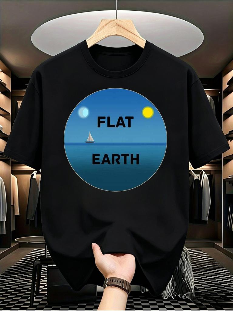 1pc Mens Graphic T Shirt Flat Earth Print Short Sleeve Crew Neck Regular Fit