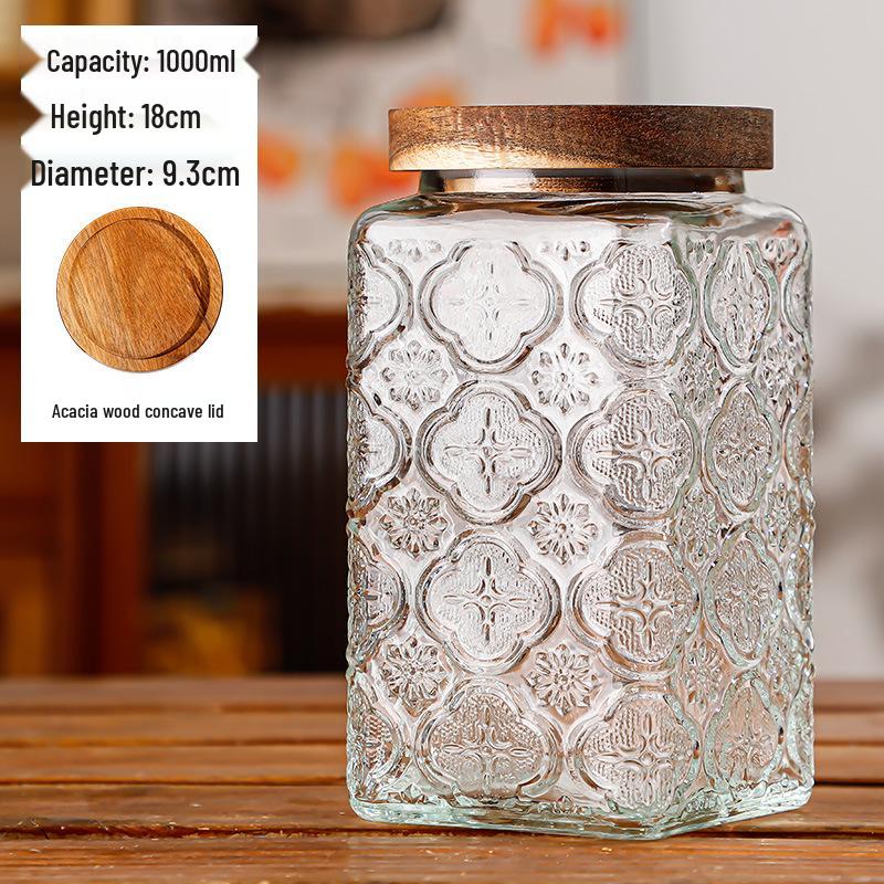 Retro Carved Storage Jar with Acacia Wood Lid for Grains, Dried Fruits, and Snacks