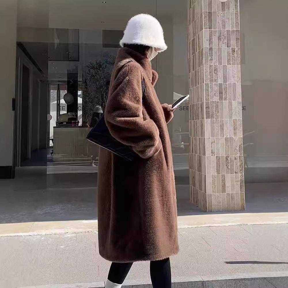 Autumn and winter thickened long stand-up collar mink hair mink fur integrated fur environmentally friendly fur jacket women's coat