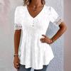 Summer New Women's V-Neck Jacquard Hollow Out Lace Waist-Cinched Fashion Short Sleeve Top T-Shirt for Women