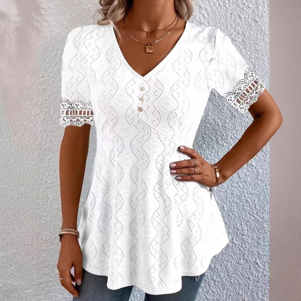 Summer New Women's V-Neck Jacquard Hollow Out Lace Waist-Cinched Fashion Short Sleeve Top T-Shirt for Women