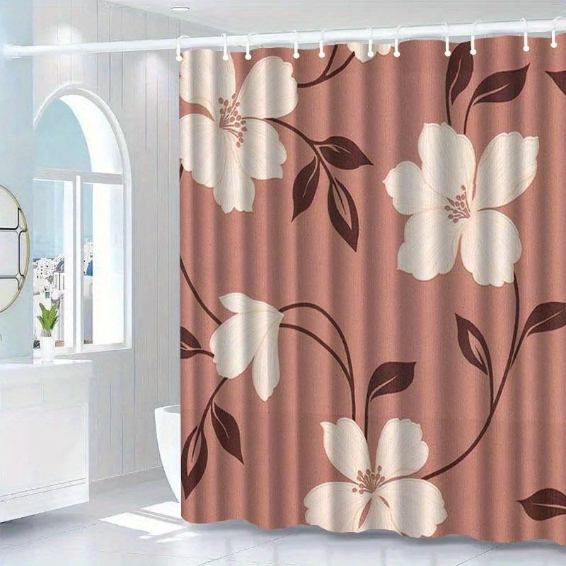 1pc White floral patterned shower curtain, polyester fabric, machine washable, with hooks, suitable for bathroom décor.