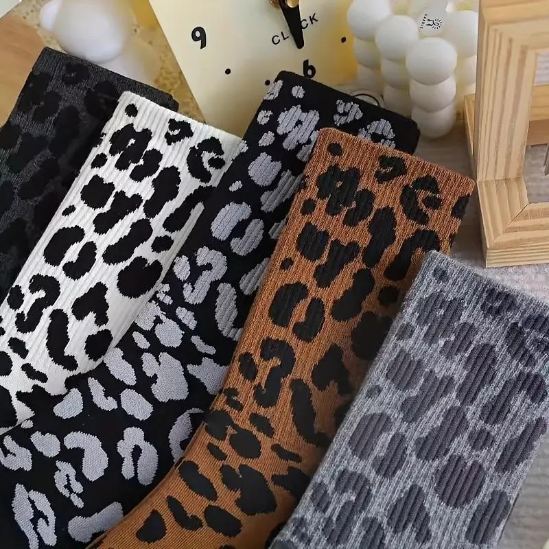 6 Pairs Women Leopard Print Mid Length Socks Fashionable Printing Comfortable Sweat Wicking Breathable Casual Mid Length Socks