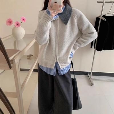 Spring New Loose Contrasting Color Double Zipper Sweater Jacket Soft Waxy Temperament Versatile Lapel Knitted Cardigan Women