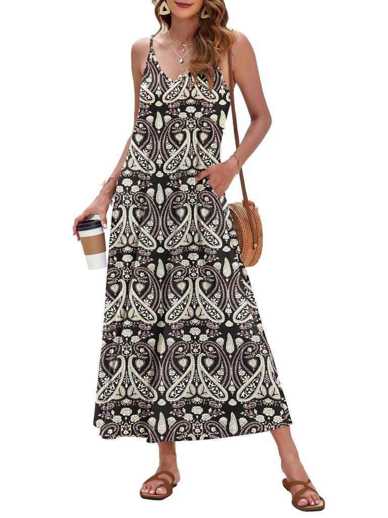 2026 Elegant European & American Spaghetti Strap Long Printed Dress with Pockets