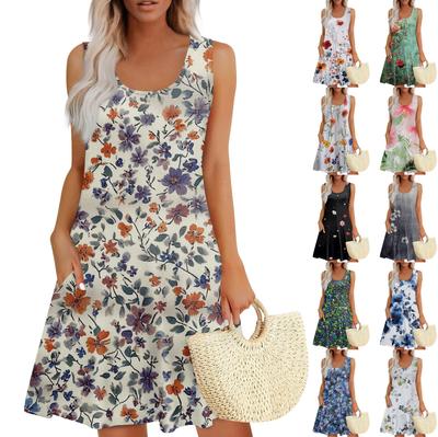 Robe d'été décontractée à imprimé floral et col carré pour femme, sans manches, avec poches