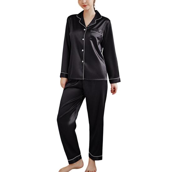 Yousheng 2 Pcs/Set Pajamas Suit Satin Single-breasted Cardigan Shirt V Neck Notch Collar Solid Color Shirt Wide Leg Loose Trousers Nighty Suit