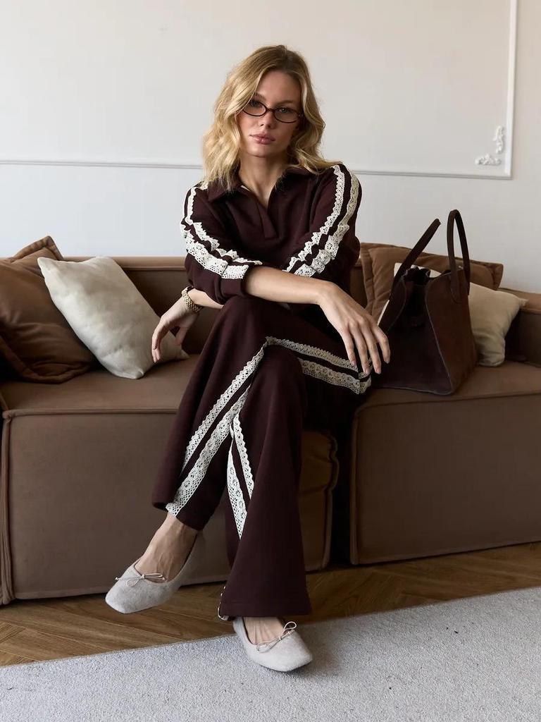 Completo casual da donna con bordi in pizzo, colletto ripiegabile, maniche lunghe e pantaloni per Primavera/Autunno