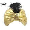 Halloween Party Costume Accessory Unisex Arab India Turban Hat, Golden Sultan Hat with Gem And Stage Drama Performance Prop Feather, Novelty