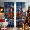 2pcs 2D flat printing Merry Christmas Curtain Christmas Lodge with Snowman Scenery Versatile 100% Polyester Without Electricity
