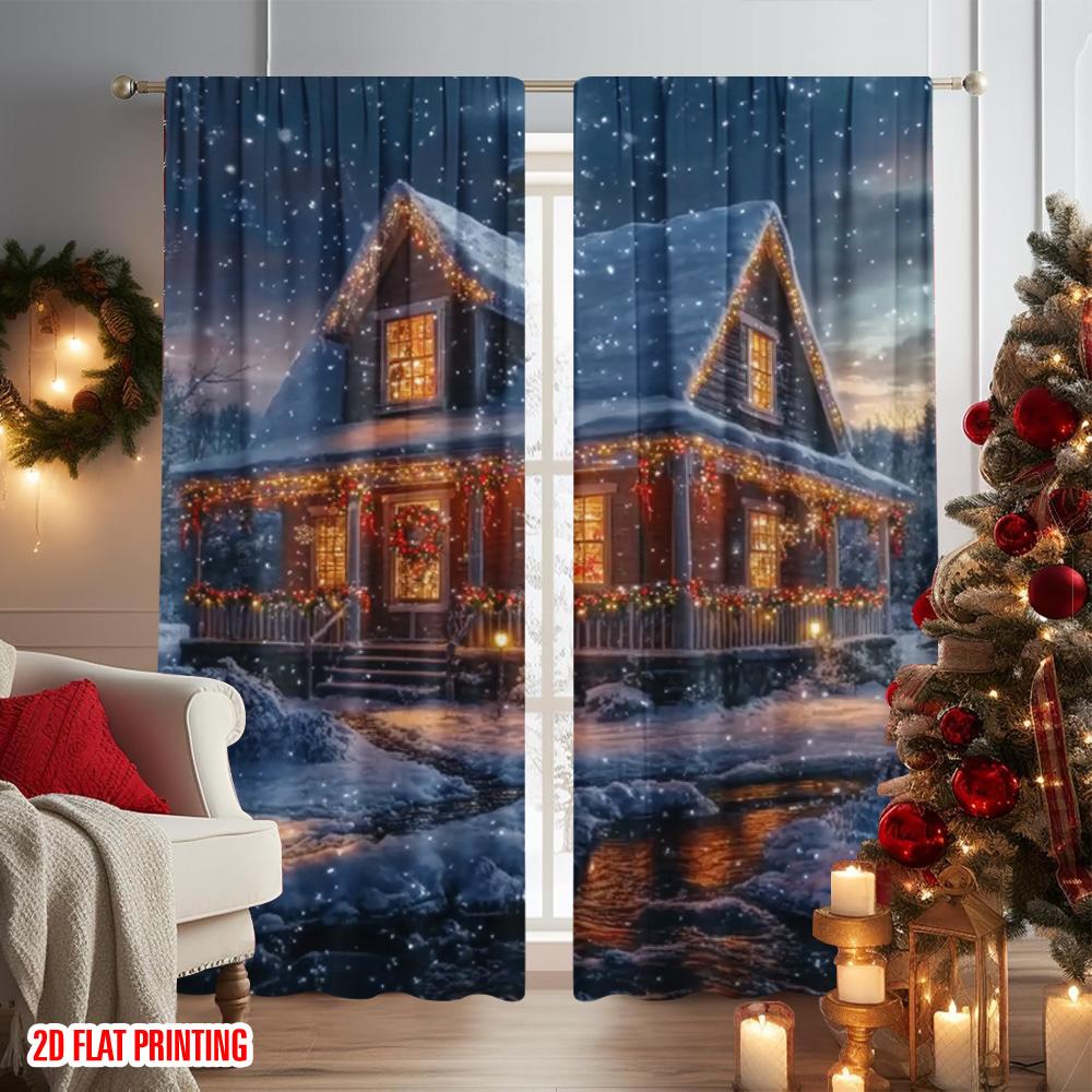 2pcs 2D flat printing Merry Christmas Curtain Christmas Lodge with Snowman Scenery Versatile 100% Polyester Without Electricity