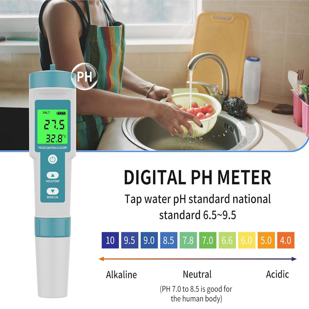 PH Meter TDS Meter 8 in 1 Digital Water Tester Pool Salt Tester Salinity, PH, TDS, EC, ORP, H2 and TDS Meter, PH Meter for Water with LCD Backlit