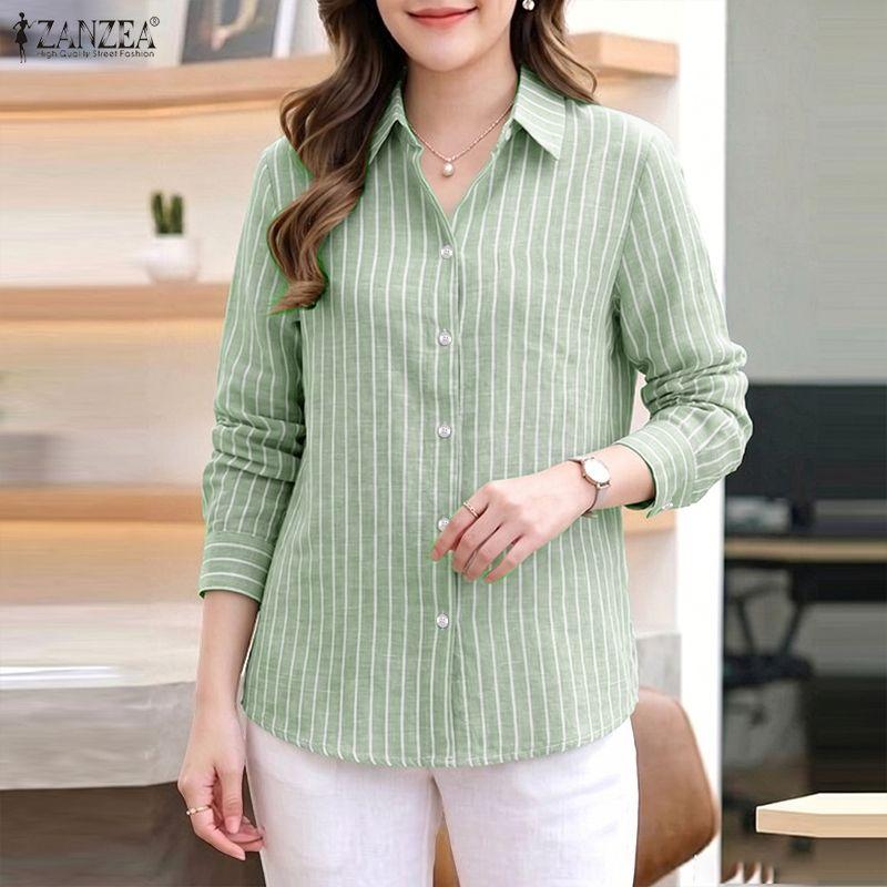 ZANZEA Camicetta casual da donna a righe a maniche lunghe con colletto rovesciato