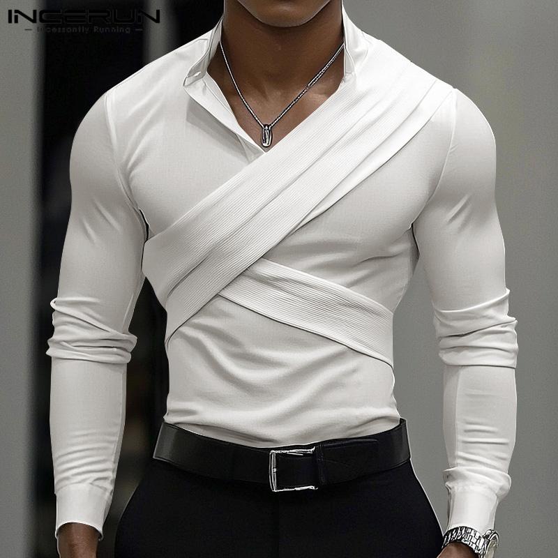 INCERUN Herren Langarmshirt mit überkreuzten Ärmeln und Henley-Muster