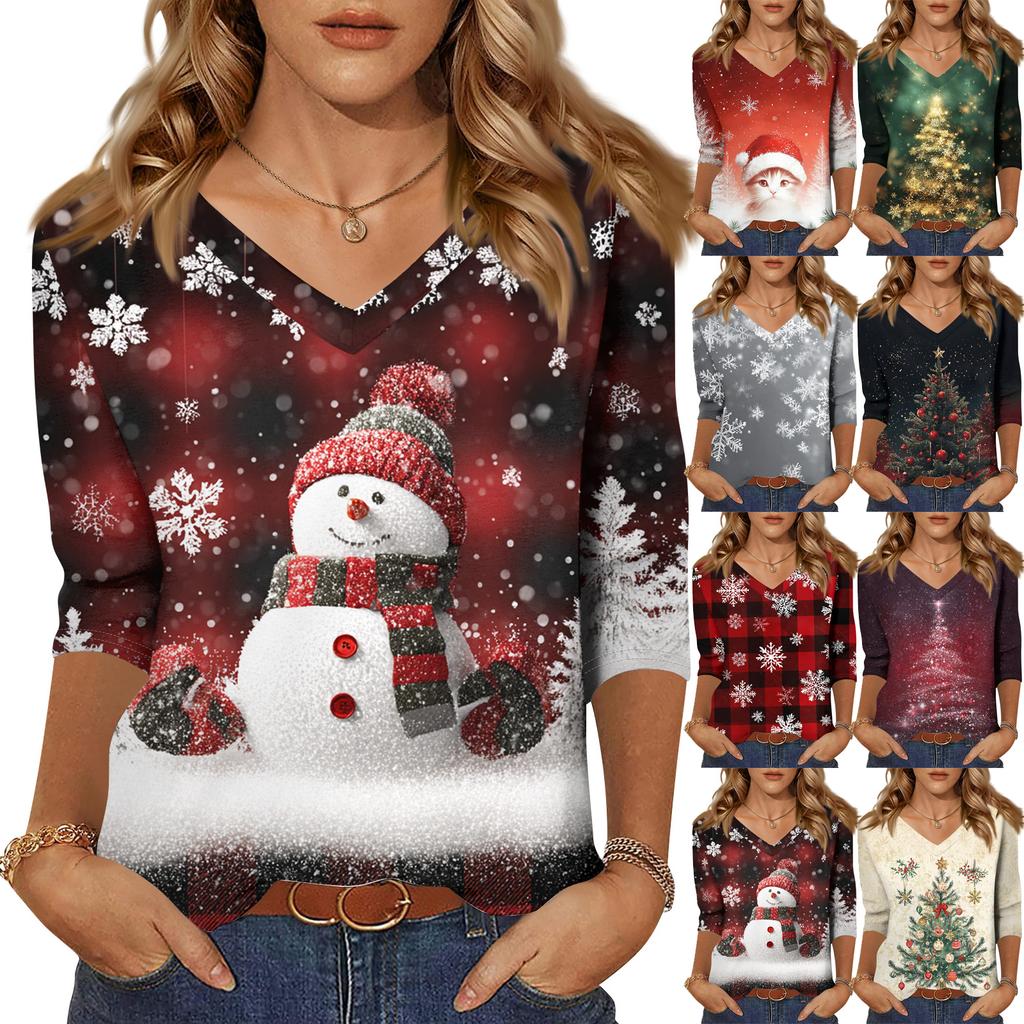 Women's T Shirt CHristmas Print 3/4 Sleeve Daily Weekend Fashion Basic V- Neck Regular Top