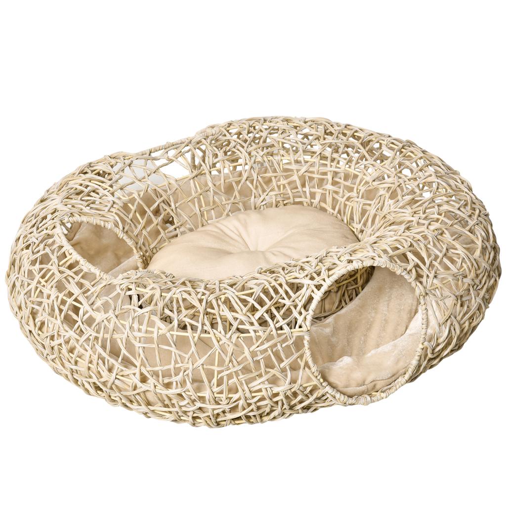 Rattan Cat Bed 78x69x22 Cm Plump Cat Basket with Soft Cushion 3 Access Holes Cat Tunnel Natural Wood