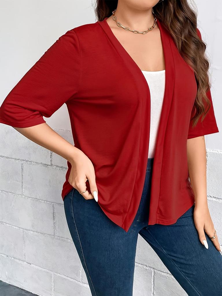 Plus Size Women's Mid-Sleeve Cardigan Jacket - Lightweight, Solid Color, 2026 New Arrival