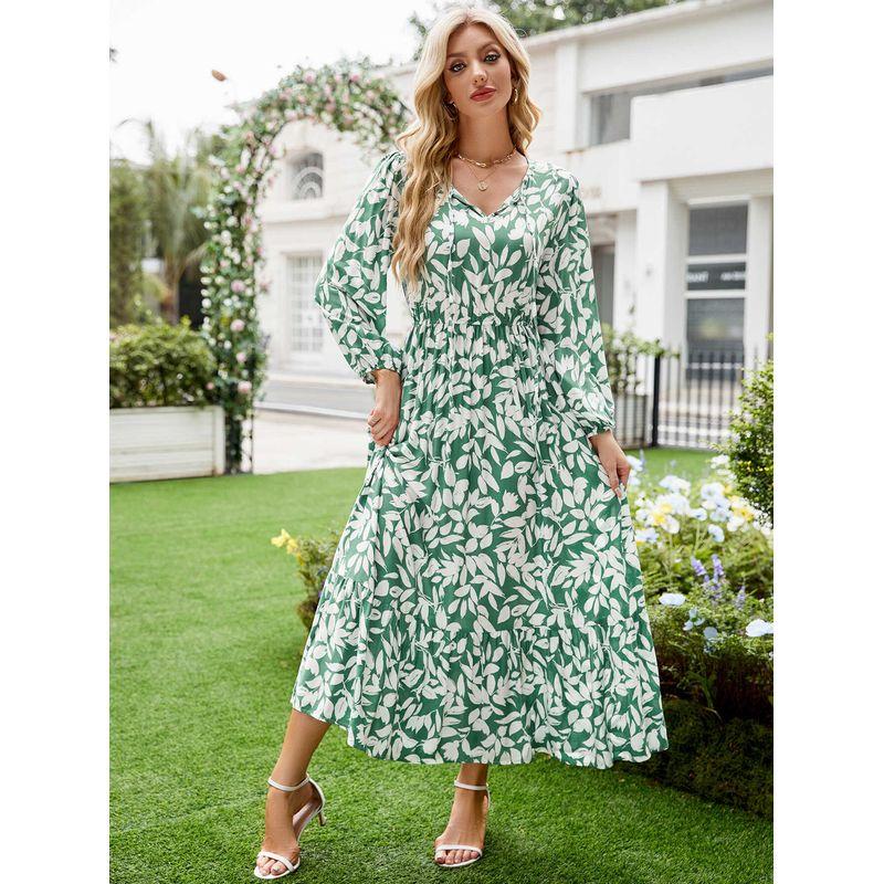 

Модный стиль Новый продукт Элегантное платье с длинными рукавами Нарядное и до щиколотки Платье цвета зеленого чая Осень Миди Цельное Green S