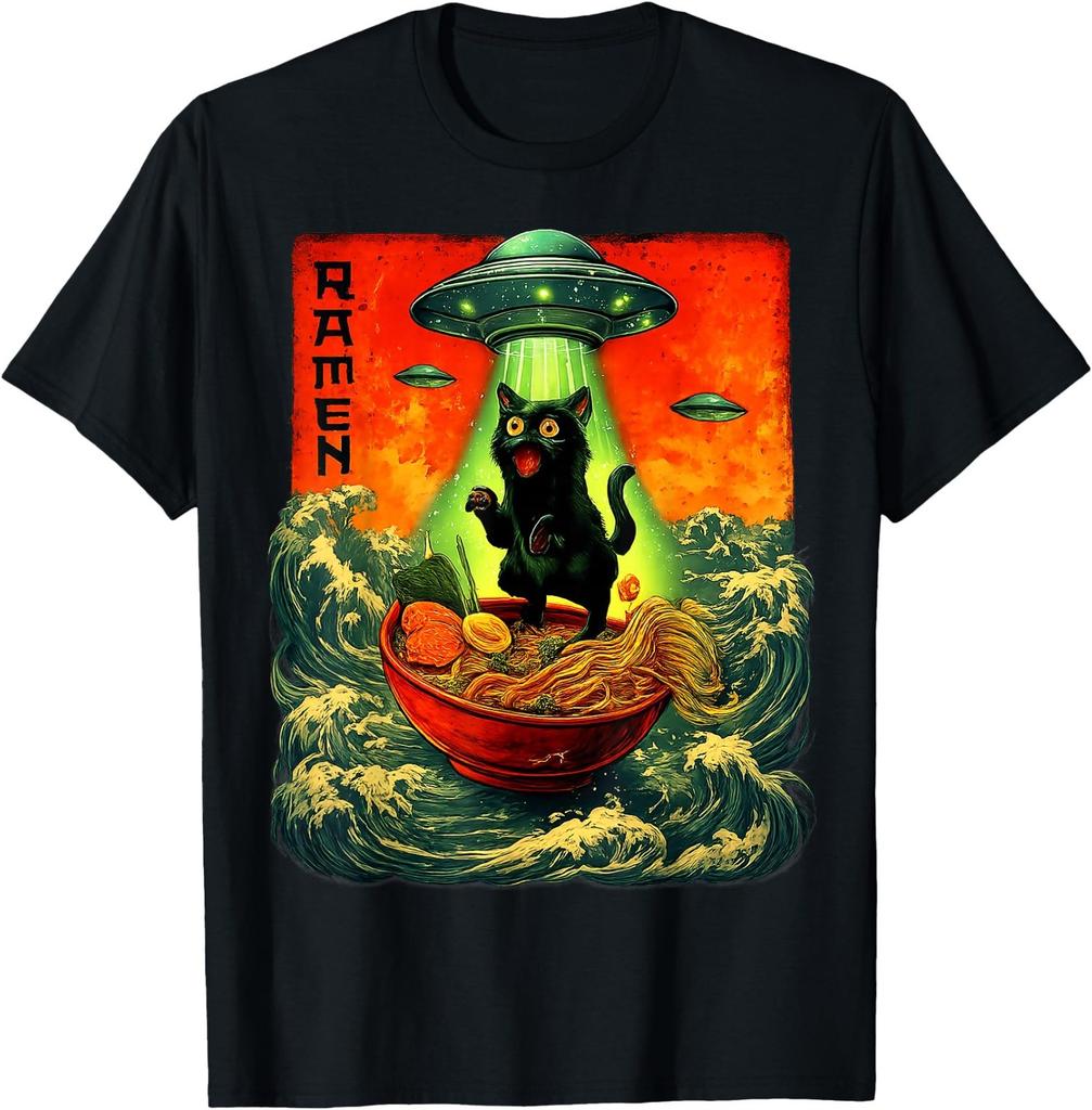 Alien Ramen Cat UFO Japanese Retro Art Gifts Men T-Shirt