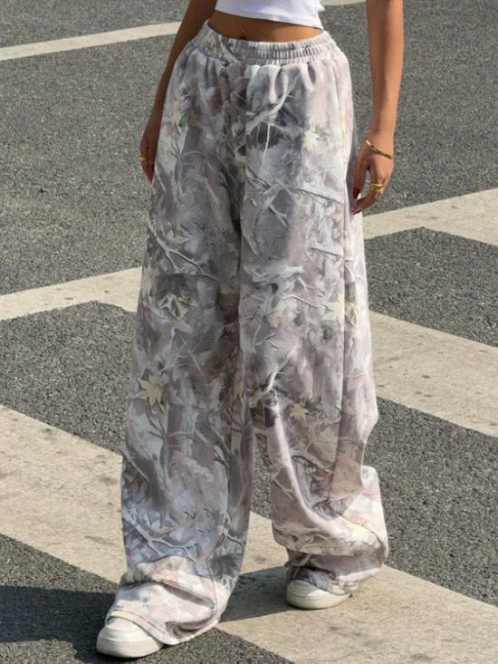 2025 Teen Fashion Camouflage Print Elastic Waist Wide-Leg Pants