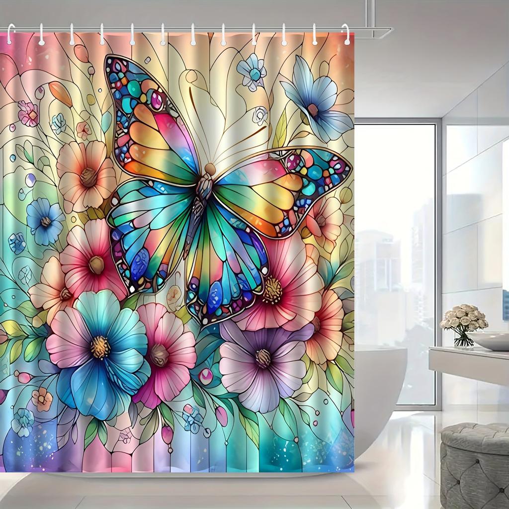 Vibrant Stained Glass Butterfly & Floral Waterproof Shower Curtain - Colorful Artistic Design For Lively Bathroom Décor