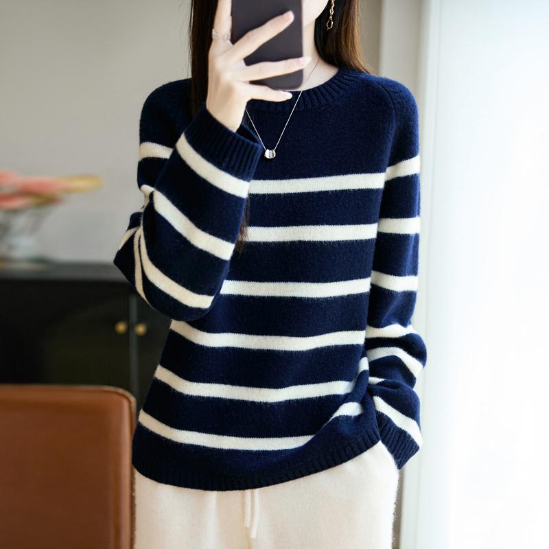 Women Sweater 100% Wool MODERN NEW SAGA O-neck Stripe Knit Pullover Thick Winter Jumpers Female Knit Tops