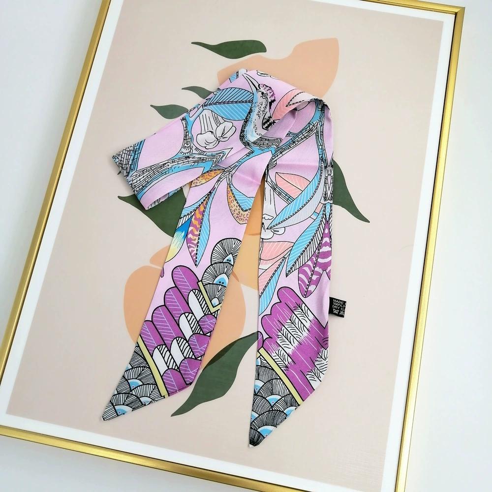 Women Flower And Bird Printing Skinny Bag Scarf Brand Silk Foulard Women Neck Tie Head Scarves For Ladies 5*88cm