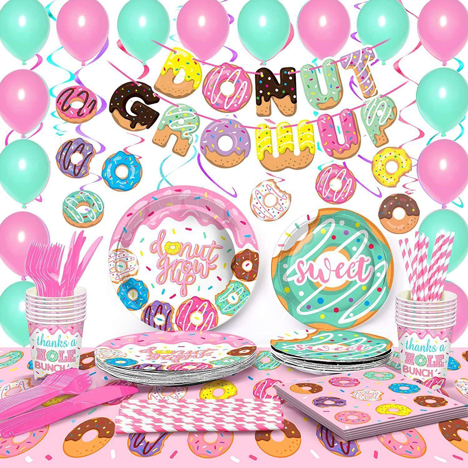 Pink Donut-themed Girl Party Paper Cups, Plates, Tablecloths, Banners, Birthday Decorations Donut 11-piece set