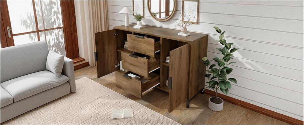 (=834647AAD) Kommode mit 2 Türen und 3 Schubladen, 120 x 40 x 76 cm in Dunkler Eiche, Verstellbarer Einlegeboden, Sideboard Highboard für Schlafzimmer & Alle Wohnräume