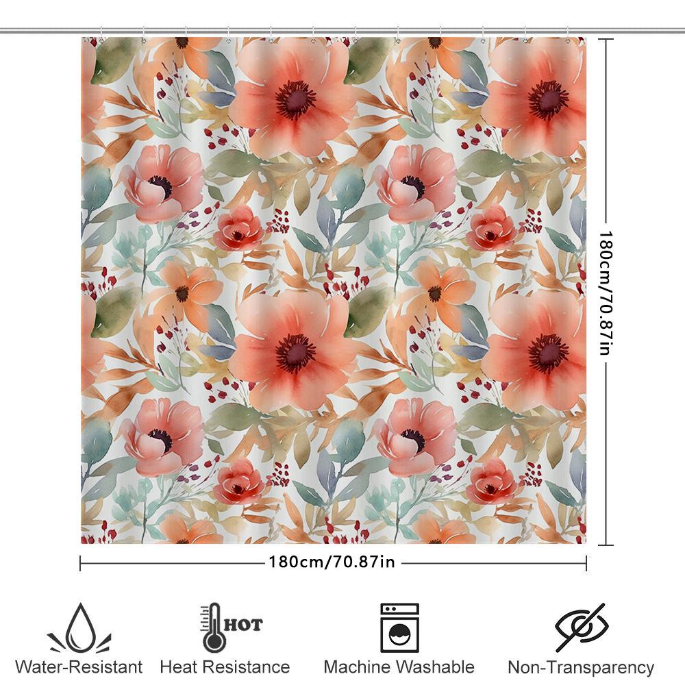 Watercolor Floral Shower Curtain Coral Pink Red Green White Bath Decoration With Rings For Home Bathroom Decorations