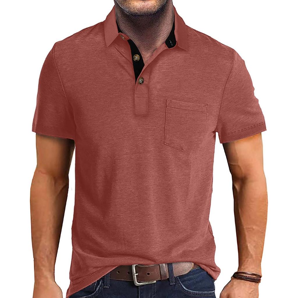 Men's Summer Color T-shirt With A 3 Button Open Collar And Button Up Short Sleeved Top