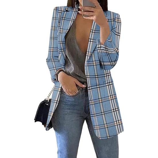 Women Suit Coat Lapel Long Sleeve Open Front Suit Jacket with Pockets Plaid Print