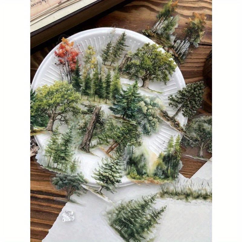 25 Sheets/Pack Retro PET Waterproof Forest Animal Theme DIY Sticker Pack, Forest Plants Trees Animal Landscape Stickers for Journal