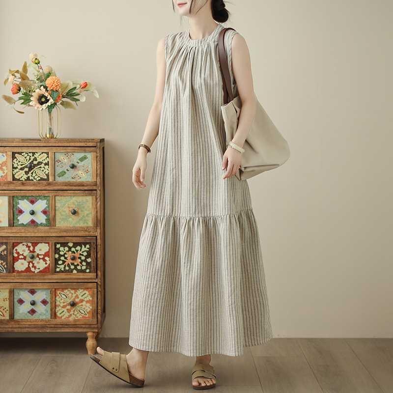Yarn-dyed Cotton and Linen Cotton Vertical Strips Back Collar Slit Small Neckline Fishtail Pendulum