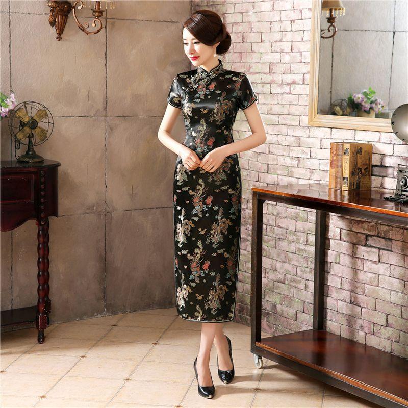 

2-6XL Plus Large Size Chinese Cheongsam Long Skirts Dress black XXXXXL