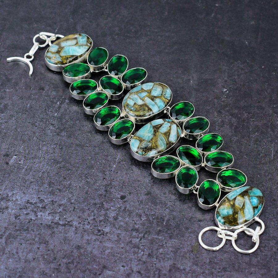 Natural Copper Amazonite, Diopside Gemstone 925 Sterling Silver Bracelet 8" o5Q58