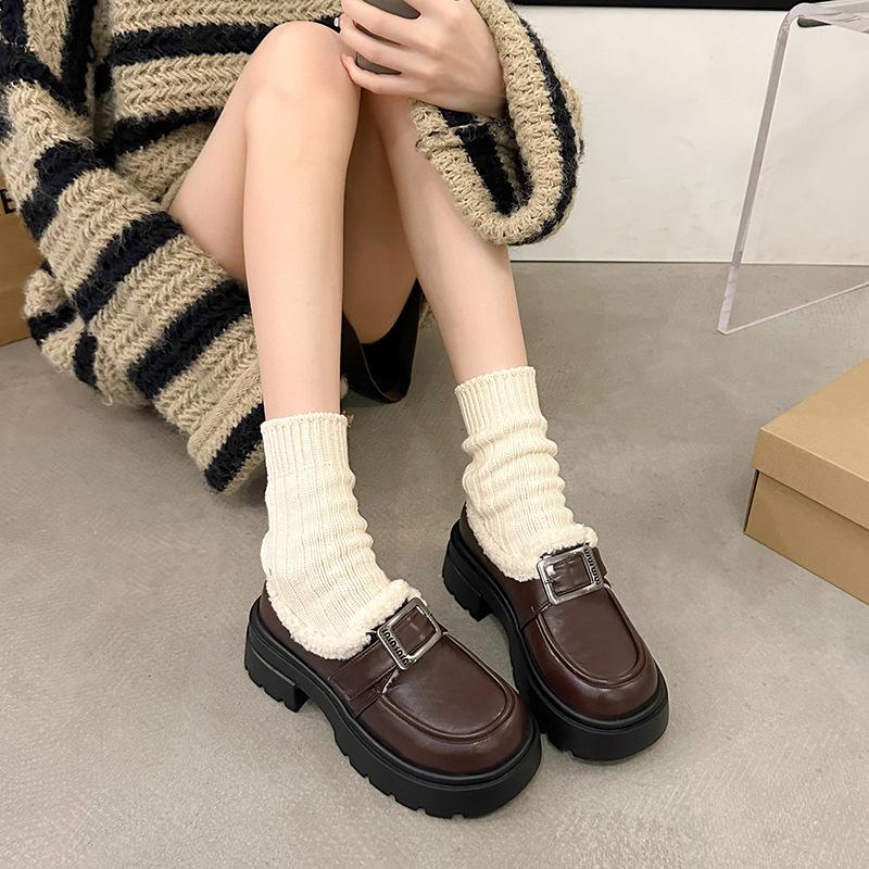 2024 thick heel velvet college style loafers winter new thick-soled Velcro cotton shoes women's fluffy small leather shoes tide