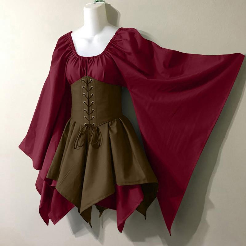 Halloween Renaissance Cosplay Dress Long Sleeve Flared Cuff Patchwork Themed Parties
