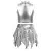 Sparkly Sequins Asymmetric Skirt with Sleeveless Metallic Crop Top Mock Neck for Girls Jazz Dance Competition Show
