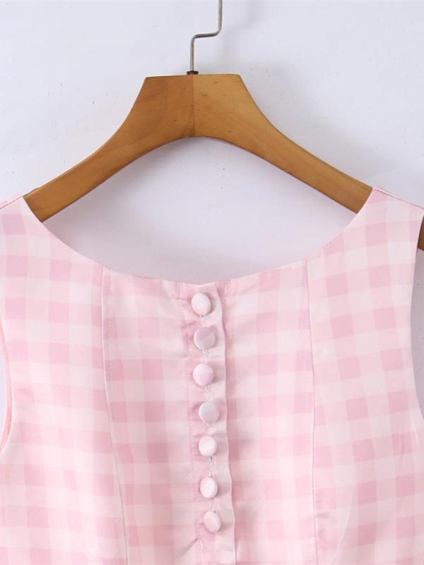 Women's Retro Pink Plaid Sleeveless Tank Dress - Petite, Waist-Cinching, A-Line, Short Skirt