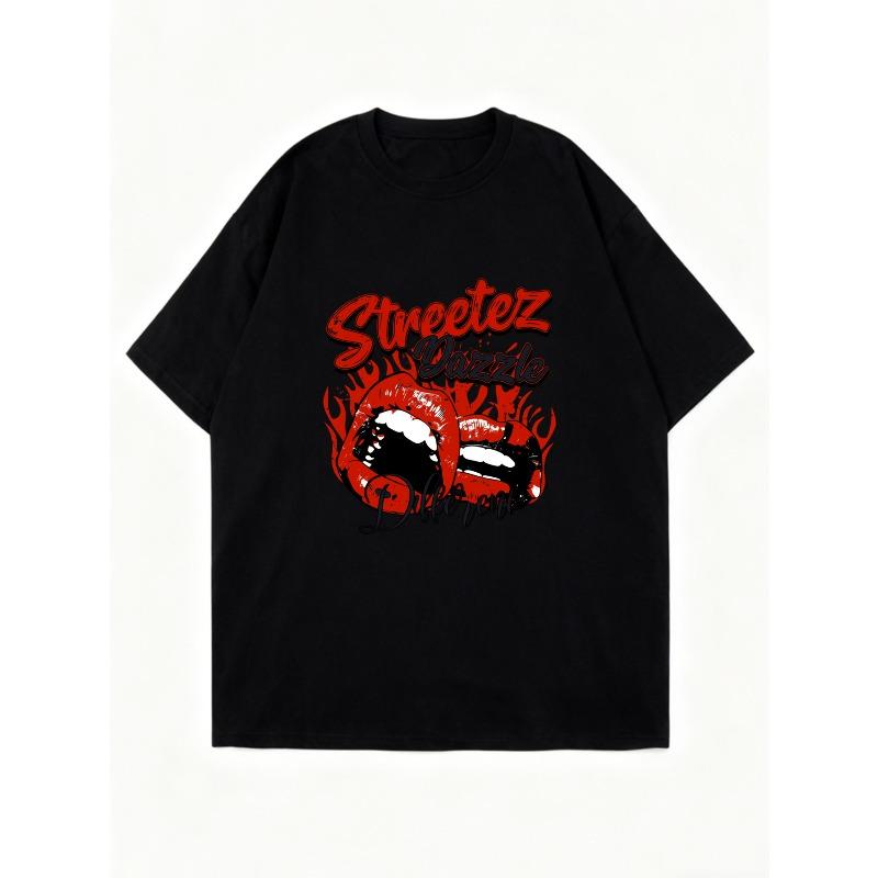 Oversized T Shirt Black Streetz Graphic Print With Red Lips And Text Design For Casual Wear