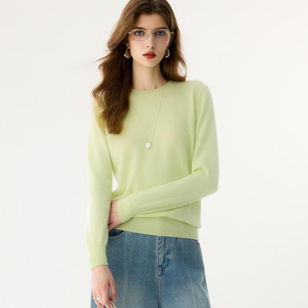 Women's Round Neck Cashmere Sweater - Autumn/Winter Solid Color Loose Knit Long Sleeve Pullover
