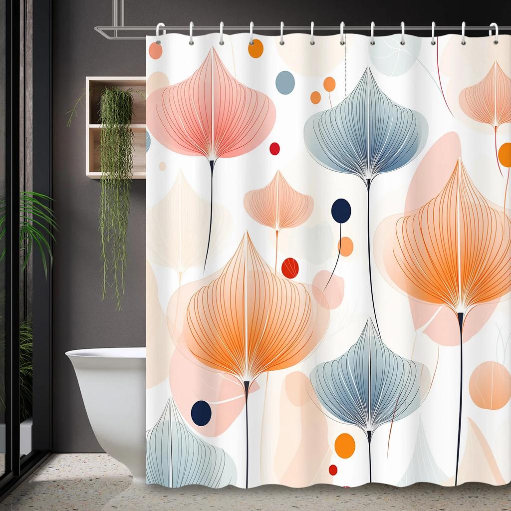 1Pc Abstract Geometric Color Line Leaf Floral Printed Shower Curtain, Polyester Fabric With 12 Hooks, Bathroom Accessory